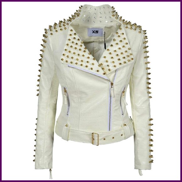 Punk Studded Faux Leather Motorcycle Jacket Women's XS Asymmetrical Zipper
